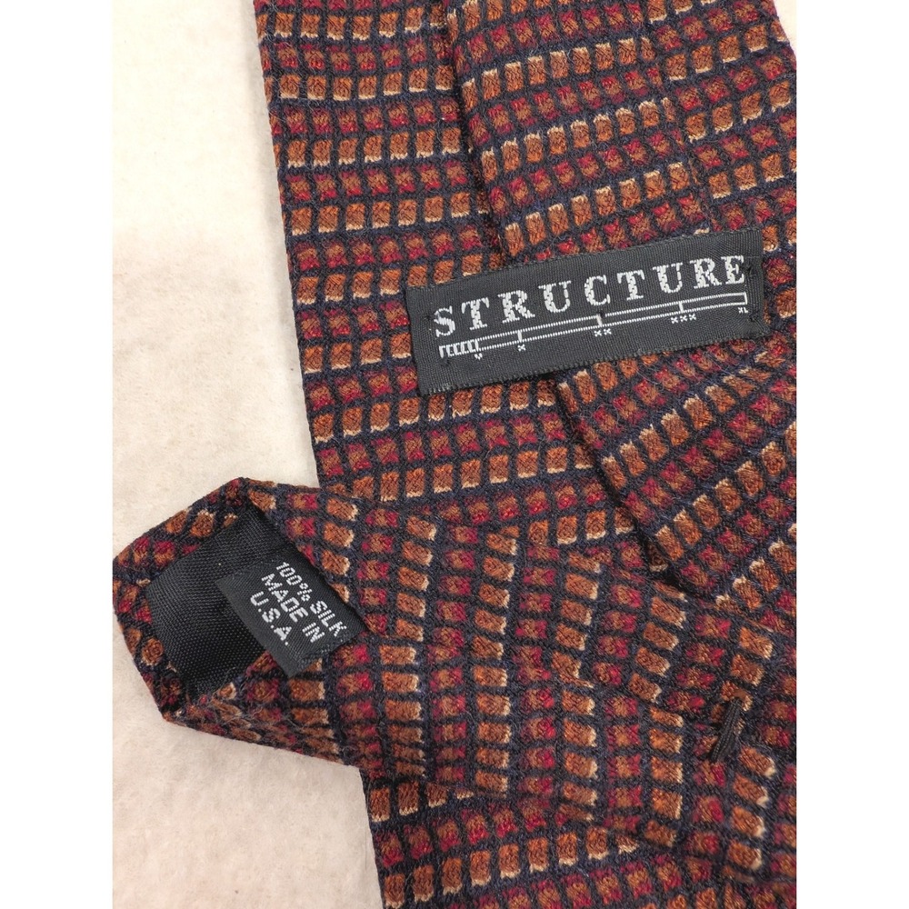 Structure Men's Silk Necktie Brown Rust Geometric Pattern Made in USA
